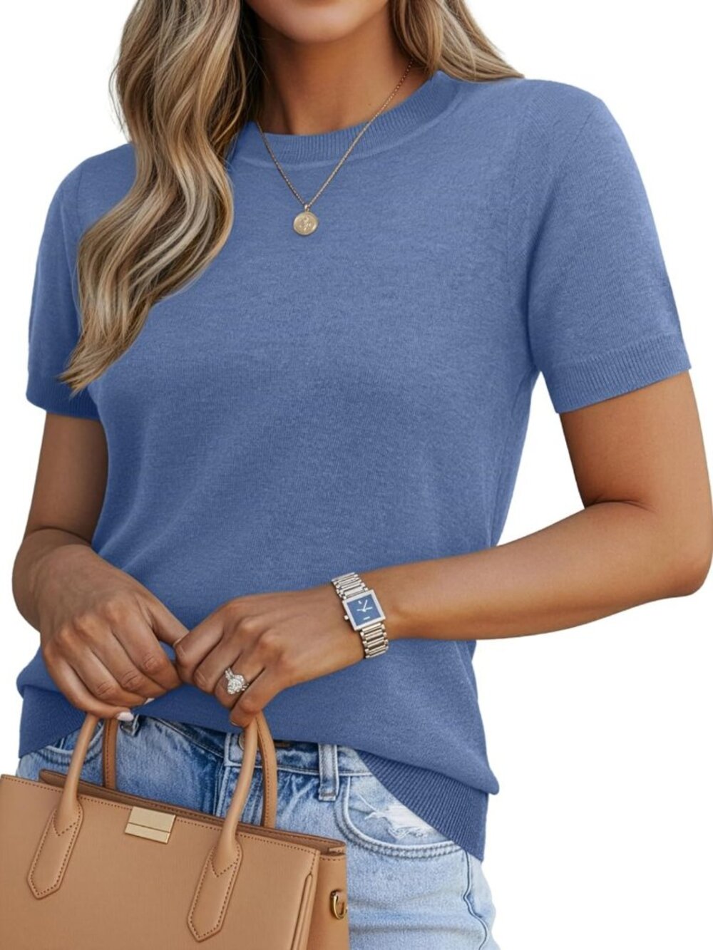 Cozy Women's Short Sleeve Knit Sweater - Wool Blend, Business Casual Top